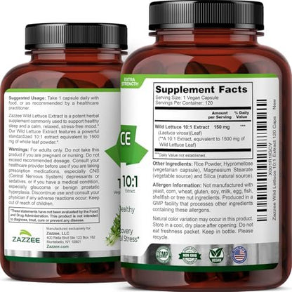 Zazzee Extra Starkes Wild Lettuce 10:1 Extrakt, 120 Vegane Kapseln, 4 Monate Vorrat, Lactuca Virosa, Entspannung, Ruhe & Stimmungsunterstützung, Konzentrierter 10X Extrakt, 100% Vegetarisch, Nicht-GVO, Hergestellt in den USA