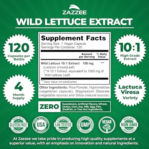 Zazzee Extra Starkes Wild Lettuce 10:1 Extrakt, 120 Vegane Kapseln, 4 Monate Vorrat, Lactuca Virosa, Entspannung, Ruhe & Stimmungsunterstützung, Konzentrierter 10X Extrakt, 100% Vegetarisch, Nicht-GVO, Hergestellt in den USA