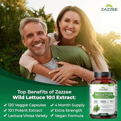 Zazzee Extra Starkes Wild Lettuce 10:1 Extrakt, 120 Vegane Kapseln, 4 Monate Vorrat, Lactuca Virosa, Entspannung, Ruhe & Stimmungsunterstützung, Konzentrierter 10X Extrakt, 100% Vegetarisch, Nicht-GVO, Hergestellt in den USA