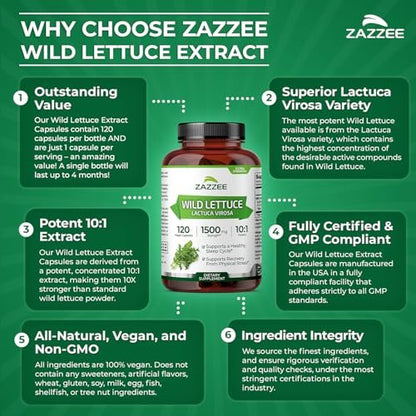 Zazzee Extra Starkes Wild Lettuce 10:1 Extrakt, 120 Vegane Kapseln, 4 Monate Vorrat, Lactuca Virosa, Entspannung, Ruhe & Stimmungsunterstützung, Konzentrierter 10X Extrakt, 100% Vegetarisch, Nicht-GVO, Hergestellt in den USA