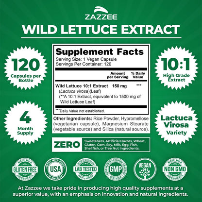 Zazzee Extra Starkes Wild Lettuce 10:1 Extrakt, 120 Vegane Kapseln, 4 Monate Vorrat, Lactuca Virosa, Entspannung, Ruhe & Stimmungsunterstützung, Konzentrierter 10X Extrakt, 100% Vegetarisch, Nicht-GVO, Hergestellt in den USA