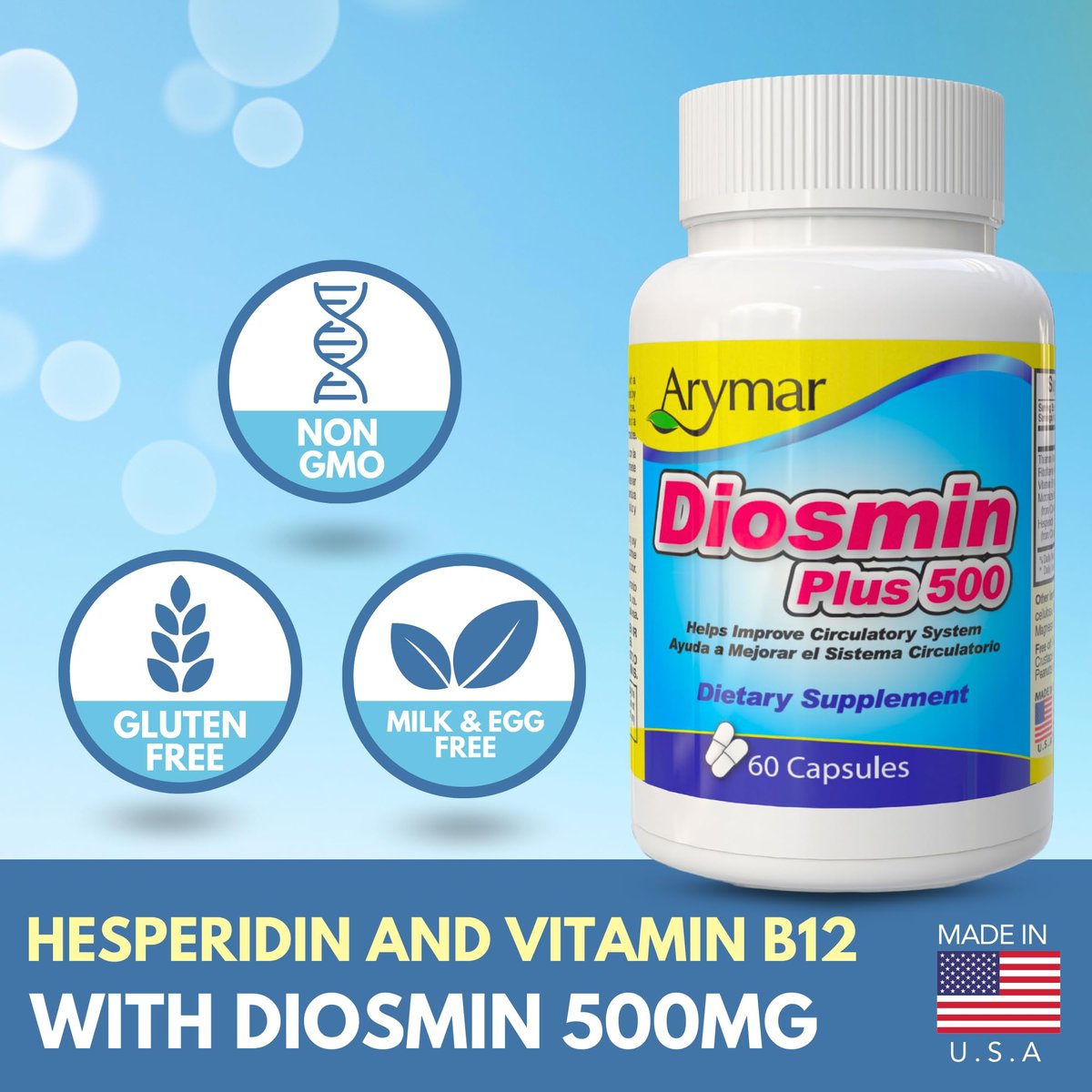 Arymar Diosmin 500mg mit Vitamin B-Komplex – Kreislauf-Formel für Venenstärke und normalen Blutfluss, Gefäßgesundheit und Mikrozirkulation, 60 Kapseln
