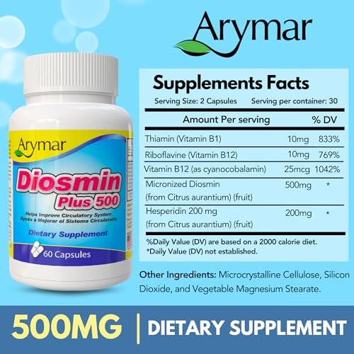 Arymar Diosmin 500mg mit Vitamin B-Komplex – Kreislauf-Formel für Venenstärke und normalen Blutfluss, Gefäßgesundheit und Mikrozirkulation, 60 Kapseln