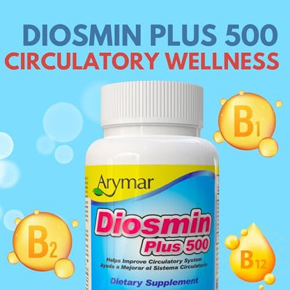 Arymar Diosmin 500mg mit Vitamin B-Komplex – Kreislauf-Formel für Venenstärke und normalen Blutfluss, Gefäßgesundheit und Mikrozirkulation, 60 Kapseln