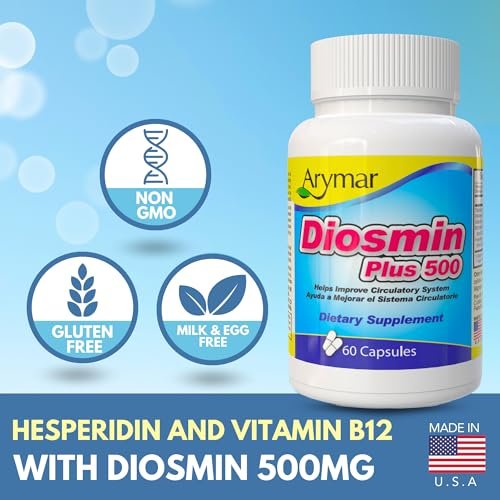 Arymar Diosmin 500mg mit Vitamin B-Komplex – Kreislauf-Formel für Venenstärke und normalen Blutfluss, Gefäßgesundheit und Mikrozirkulation, 60 Kapseln