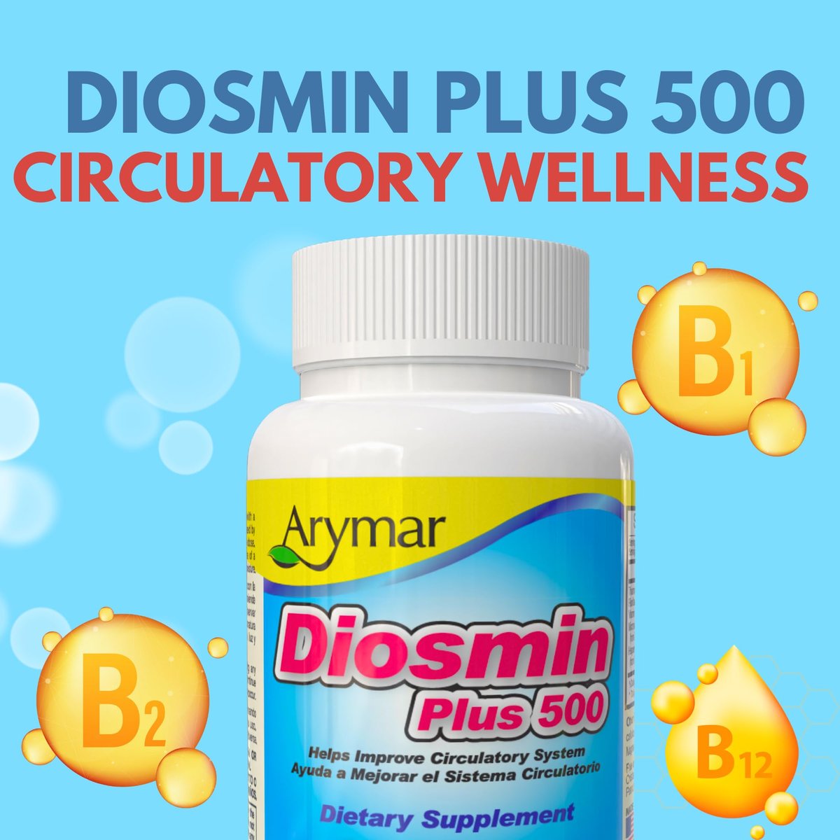 Arymar Diosmin 500mg mit Vitamin B-Komplex – Kreislauf-Formel für Venenstärke und normalen Blutfluss, Gefäßgesundheit und Mikrozirkulation, 60 Kapseln