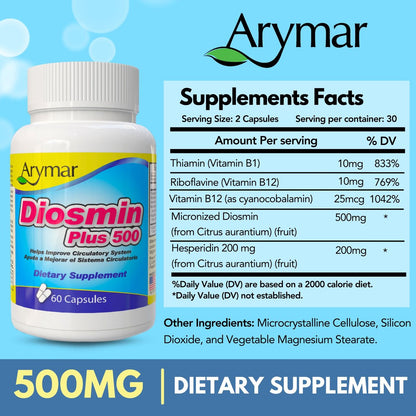 Arymar Diosmin 500mg mit Vitamin B-Komplex – Kreislauf-Formel für Venenstärke und normalen Blutfluss, Gefäßgesundheit und Mikrozirkulation, 60 Kapseln
