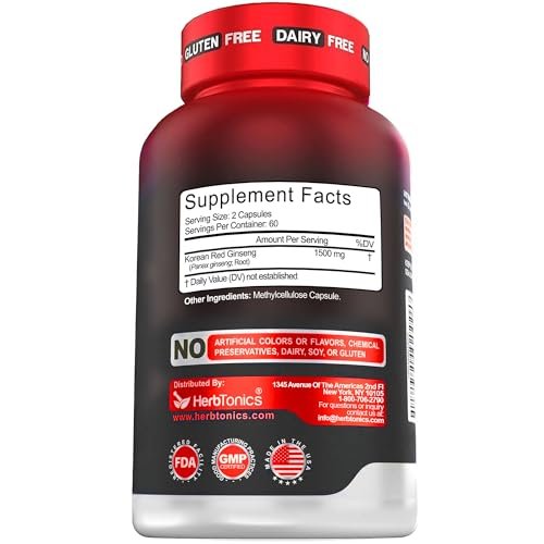 Herbtonics Koreanischer Roter Panax Ginseng 1500mg – Energie-Supplement für Spitzenleistung, Fokus & Vitalität – Hochpotenter Ginseng-Wurzelextrakt – 120 vegane Kapseln