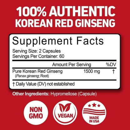 Herbtonics Koreanischer Roter Panax Ginseng 1500mg – Energie-Supplement für Spitzenleistung, Fokus & Vitalität – Hochpotenter Ginseng-Wurzelextrakt – 120 vegane Kapseln
