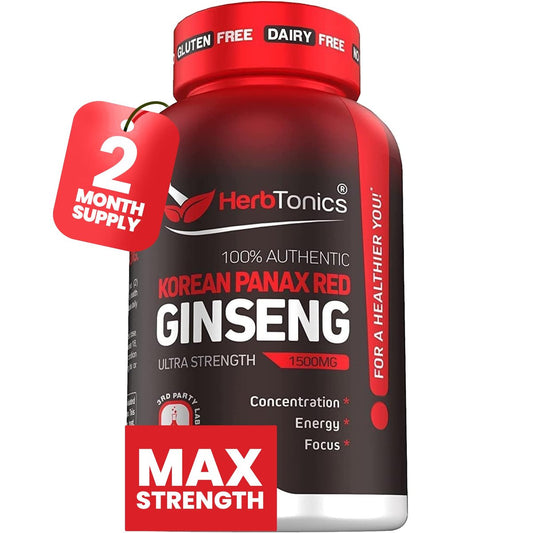 Herbtonics Koreanischer Roter Panax Ginseng 1500mg – Energie-Supplement für Spitzenleistung, Fokus & Vitalität – Hochpotenter Ginseng-Wurzelextrakt – 120 vegane Kapseln