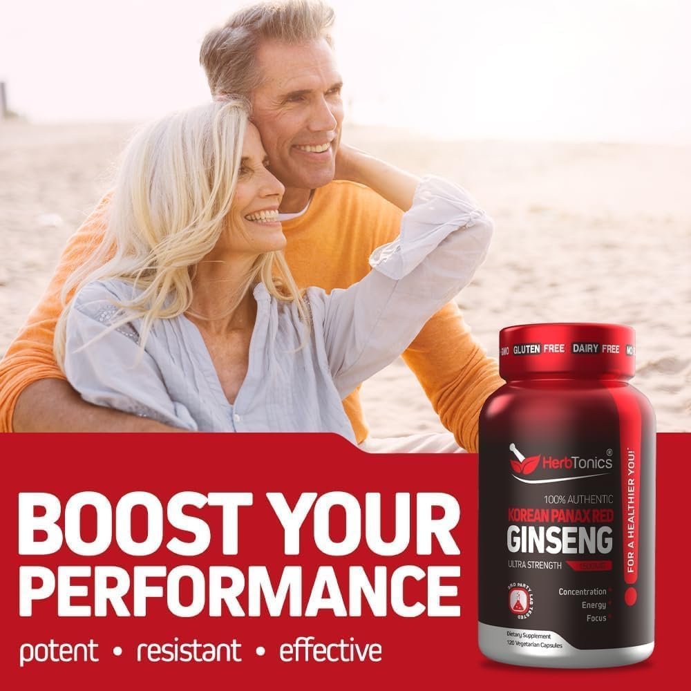 Herbtonics Koreanischer Roter Panax Ginseng 1500mg – Energie-Supplement für Spitzenleistung, Fokus & Vitalität – Hochpotenter Ginseng-Wurzelextrakt – 120 vegane Kapseln