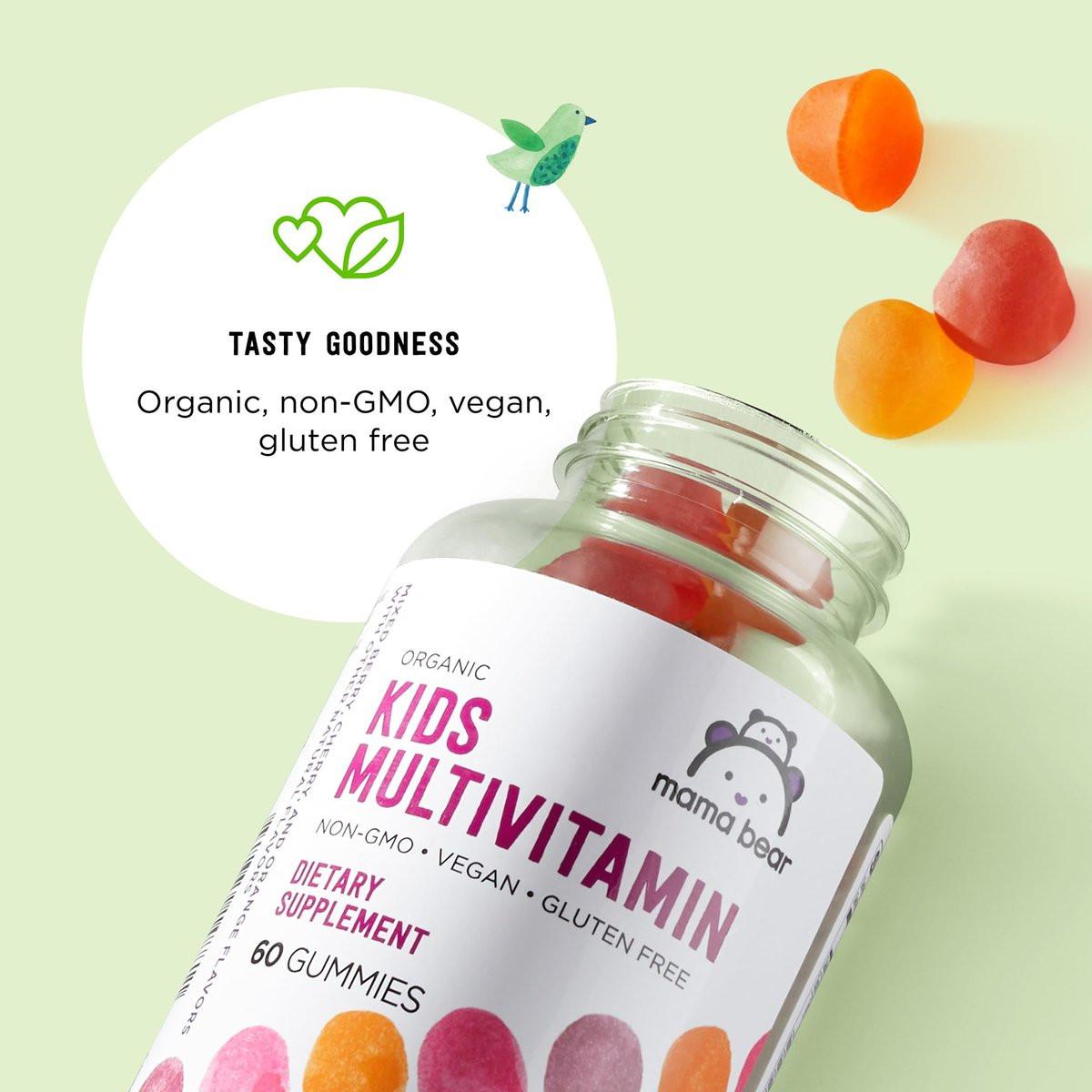 Mama Bear Bio Kinder Multivitamin Gummibärchen, Beere, Kirsche & Orange, 60 Stück, 1 Monatsvorrat