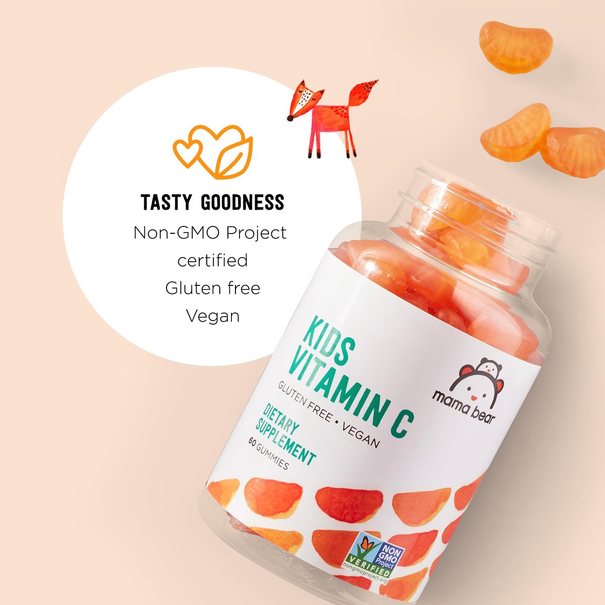 Mama Bear Vegane Vitamin C Gummibärchen für Kinder, Orange, 60 Stück, Immunsystem, 125 mg pro Gummibärchen