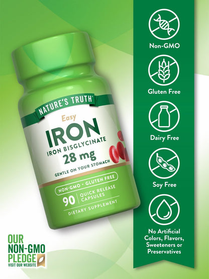 Nature's Truth Eisenpräparat für Frauen und Männer | 28 mg | 90 Kapseln | Eisenbisglycinat | Nicht-GVO, glutenfrei