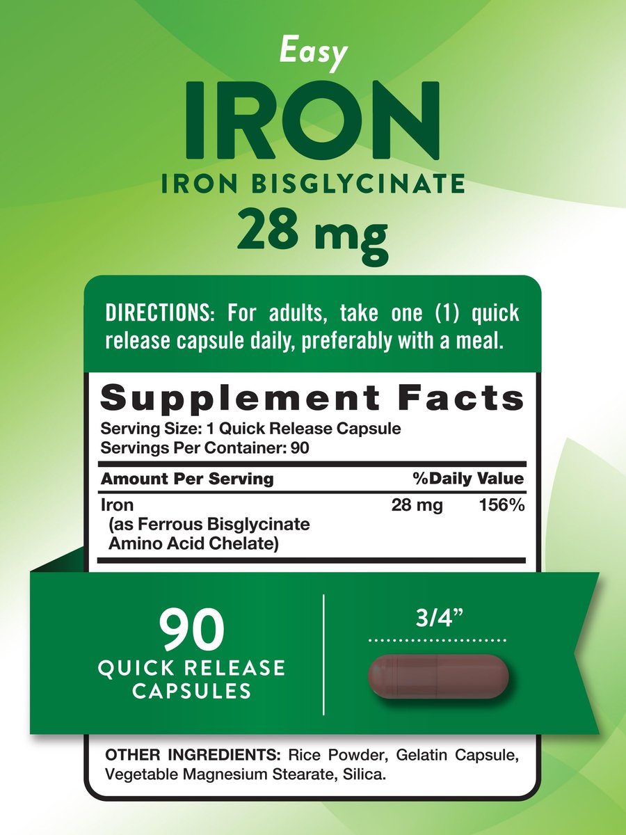Nature's Truth Eisenpräparat für Frauen und Männer | 28 mg | 90 Kapseln | Eisenbisglycinat | Nicht-GVO, glutenfrei