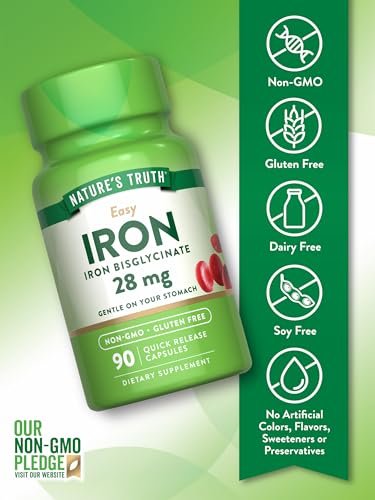 Nature's Truth Eisenpräparat für Frauen und Männer | 28 mg | 90 Kapseln | Eisenbisglycinat | Nicht-GVO, glutenfrei