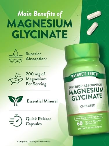 Nature's Truth Magnesium Glycinat Kapseln | 200 mg | 60 Kapseln | Chelierte Formel für überlegene Absorption | Nicht-GVO & glutenfrei
