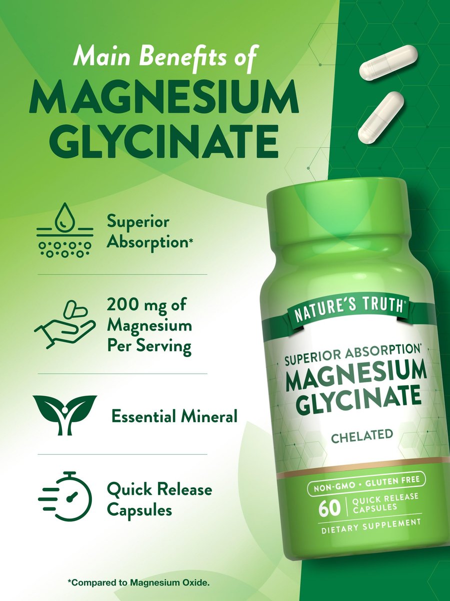 Nature's Truth Magnesium Glycinat Kapseln | 200 mg | 60 Kapseln | Chelierte Formel für überlegene Absorption | Nicht-GVO & glutenfrei