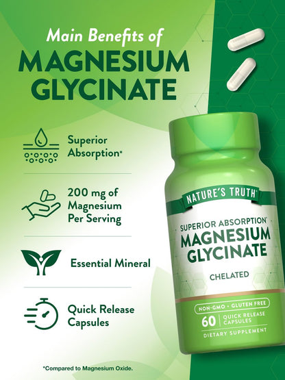 Nature's Truth Magnesium Glycinat Kapseln | 200 mg | 60 Kapseln | Chelierte Formel für überlegene Absorption | Nicht-GVO & glutenfrei