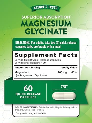 Nature's Truth Magnesium Glycinat Kapseln | 200 mg | 60 Kapseln | Chelierte Formel für überlegene Absorption | Nicht-GVO & glutenfrei