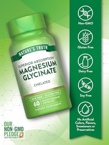 Nature's Truth Magnesium Glycinat Kapseln | 200 mg | 60 Kapseln | Chelierte Formel für überlegene Absorption | Nicht-GVO & glutenfrei