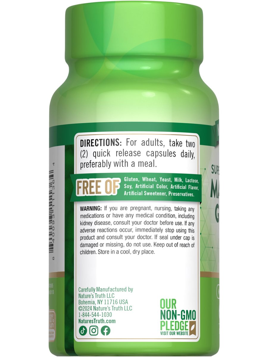 Nature's Truth Magnesium Glycinat Kapseln | 200 mg | 60 Kapseln | Chelierte Formel für überlegene Absorption | Nicht-GVO & glutenfrei