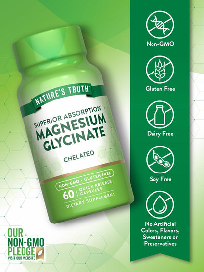 Nature's Truth Magnesium Glycinat Kapseln | 200 mg | 60 Kapseln | Chelierte Formel für überlegene Absorption | Nicht-GVO & glutenfrei
