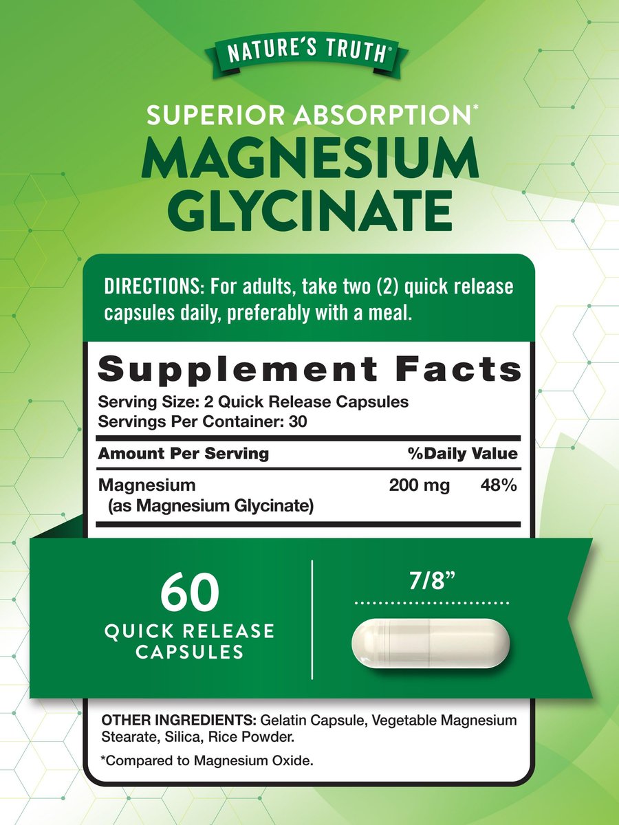 Nature's Truth Magnesium Glycinat Kapseln | 200 mg | 60 Kapseln | Chelierte Formel für überlegene Absorption | Nicht-GVO & glutenfrei