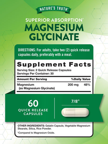 Nature's Truth Magnesium Glycinat Kapseln | 200 mg | 60 Kapseln | Chelierte Formel für überlegene Absorption | Nicht-GVO & glutenfrei