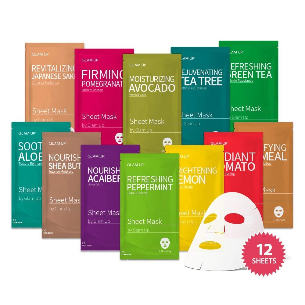 GLAM UP Korean Facial Sheet Mask 12er Set | Feuchtigkeitsspendende & beruhigende Gesichtsmasken für Glasglanz-Haut | Koreanische Hautpflege für empfindliche, trockene Haut | Bulk-Masken-Geschenkset für Home-Spa