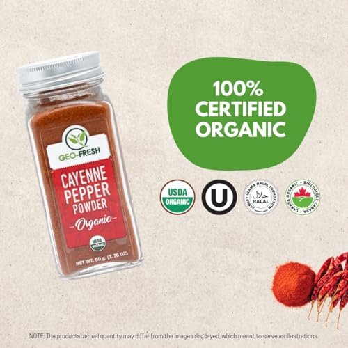 Geo-Fresh Bio Cayennepulver, 1,76 oz (50 g) – Scharfes & Aromatisches Bio Cayenne-Chilipulver – Reines gemahlenes rotes Pfefferpulver – USDA Bio-zertifiziert – Nicht-GVO – Koscher – Glutenfrei – Produkt aus Indien
