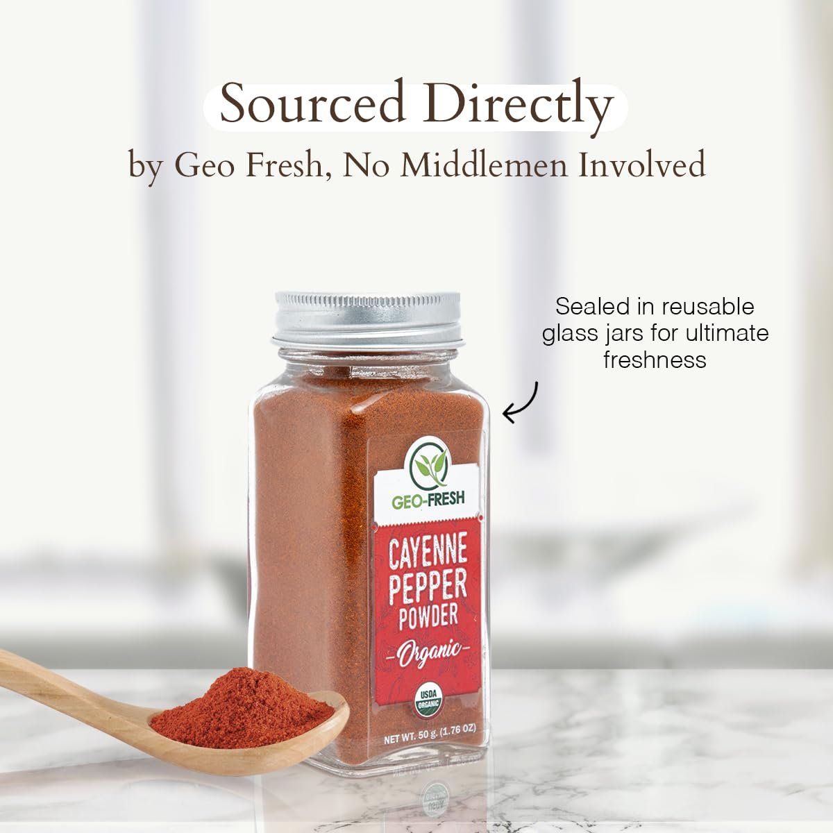 Geo-Fresh Bio Cayennepulver, 1,76 oz (50 g) – Scharfes & Aromatisches Bio Cayenne-Chilipulver – Reines gemahlenes rotes Pfefferpulver – USDA Bio-zertifiziert – Nicht-GVO – Koscher – Glutenfrei – Produkt aus Indien