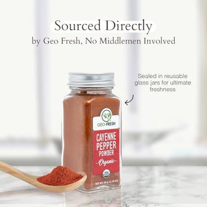 Geo-Fresh Bio Cayennepulver, 1,76 oz (50 g) – Scharfes & Aromatisches Bio Cayenne-Chilipulver – Reines gemahlenes rotes Pfefferpulver – USDA Bio-zertifiziert – Nicht-GVO – Koscher – Glutenfrei – Produkt aus Indien