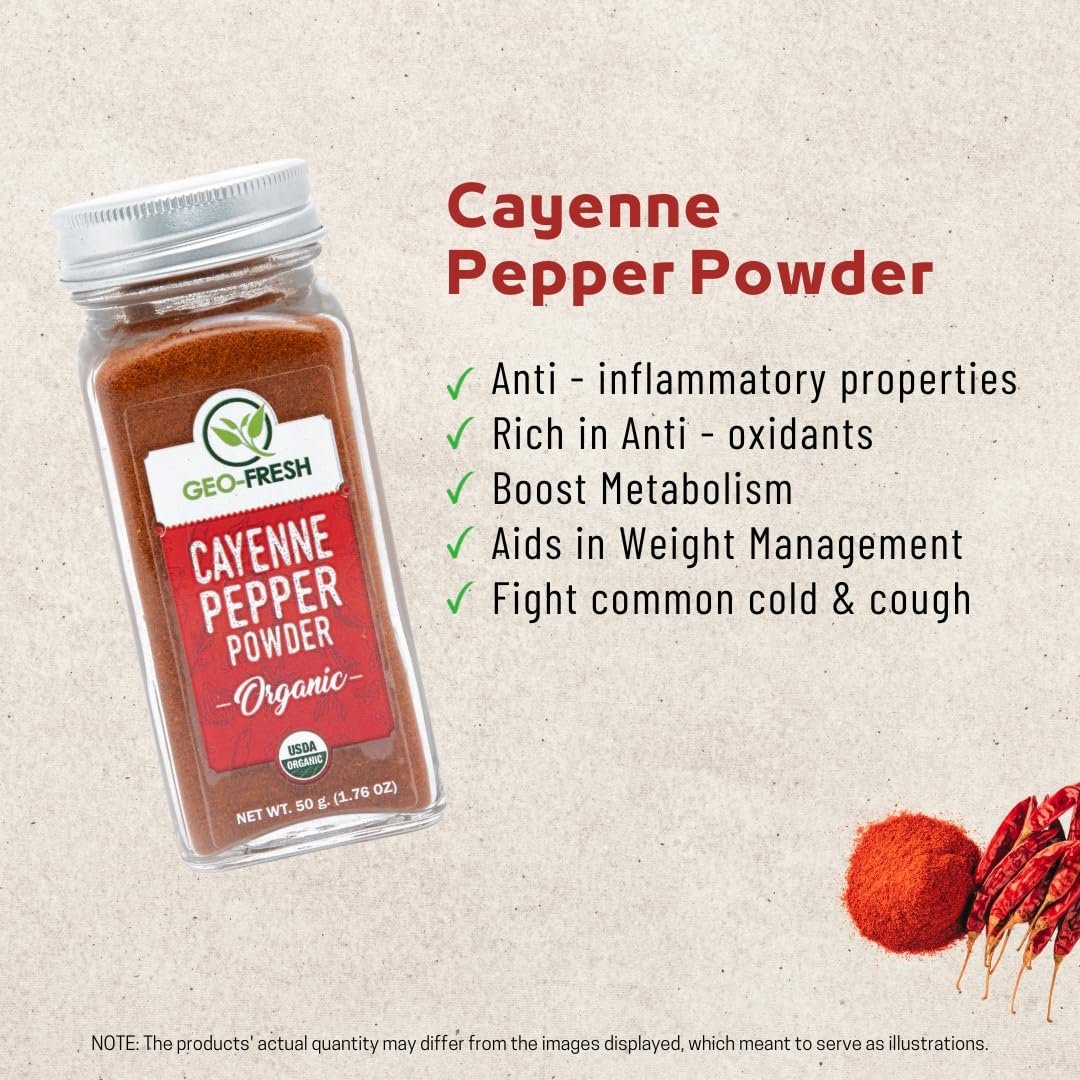 Geo-Fresh Bio Cayennepulver, 1,76 oz (50 g) – Scharfes & Aromatisches Bio Cayenne-Chilipulver – Reines gemahlenes rotes Pfefferpulver – USDA Bio-zertifiziert – Nicht-GVO – Koscher – Glutenfrei – Produkt aus Indien