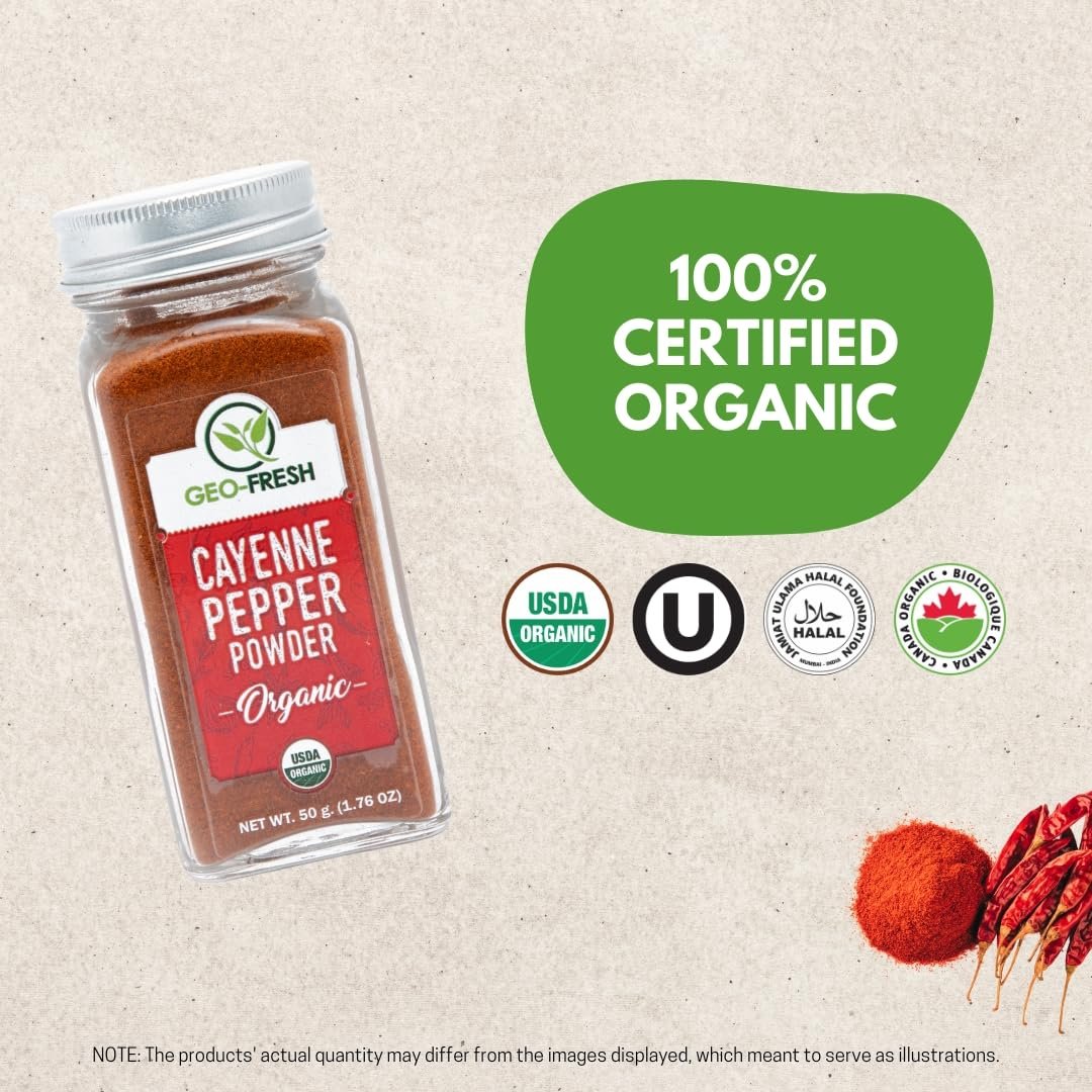 Geo-Fresh Bio Cayennepulver, 1,76 oz (50 g) – Scharfes & Aromatisches Bio Cayenne-Chilipulver – Reines gemahlenes rotes Pfefferpulver – USDA Bio-zertifiziert – Nicht-GVO – Koscher – Glutenfrei – Produkt aus Indien