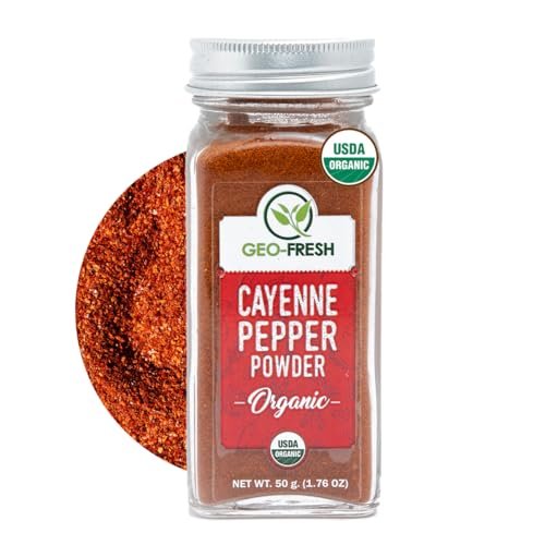 Geo-Fresh Bio Cayennepulver, 1,76 oz (50 g) – Scharfes & Aromatisches Bio Cayenne-Chilipulver – Reines gemahlenes rotes Pfefferpulver – USDA Bio-zertifiziert – Nicht-GVO – Koscher – Glutenfrei – Produkt aus Indien