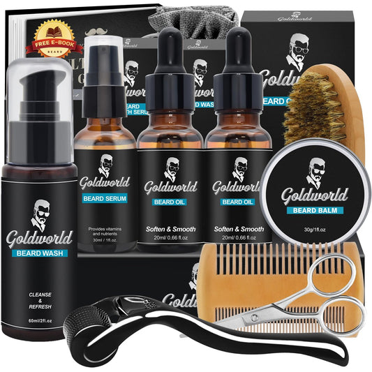 GoldWorld Bartpflegeset – Komplettes Set mit Bartwäsche, Bartöl, Bartbalsam, Bürste, Kamm, Schere und Aufbewahrungstasche