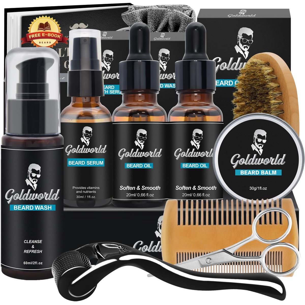 GoldWorld Bartpflegeset – Komplettes Set mit Bartwäsche, Bartöl, Bartbalsam, Bürste, Kamm, Schere und Aufbewahrungstasche