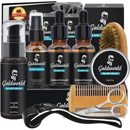 GoldWorld Bartpflegeset – Komplettes Set mit Bartwäsche, Bartöl, Bartbalsam, Bürste, Kamm, Schere und Aufbewahrungstasche