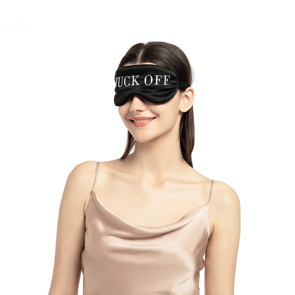 NMM Global 100% Maulbeerseide Schlafmaske – Schwarze Schlafmaske mit verstellbarem Band und Satin-Blick – Fuck Off