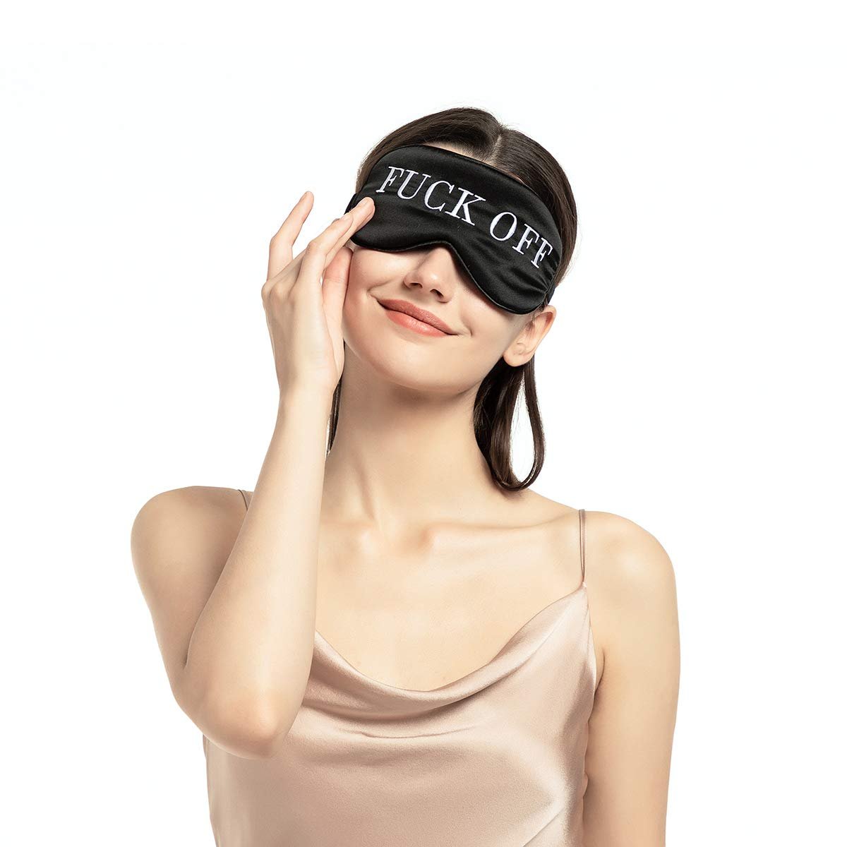 NMM Global 100% Maulbeerseide Schlafmaske – Schwarze Schlafmaske mit verstellbarem Band und Satin-Blick – Fuck Off