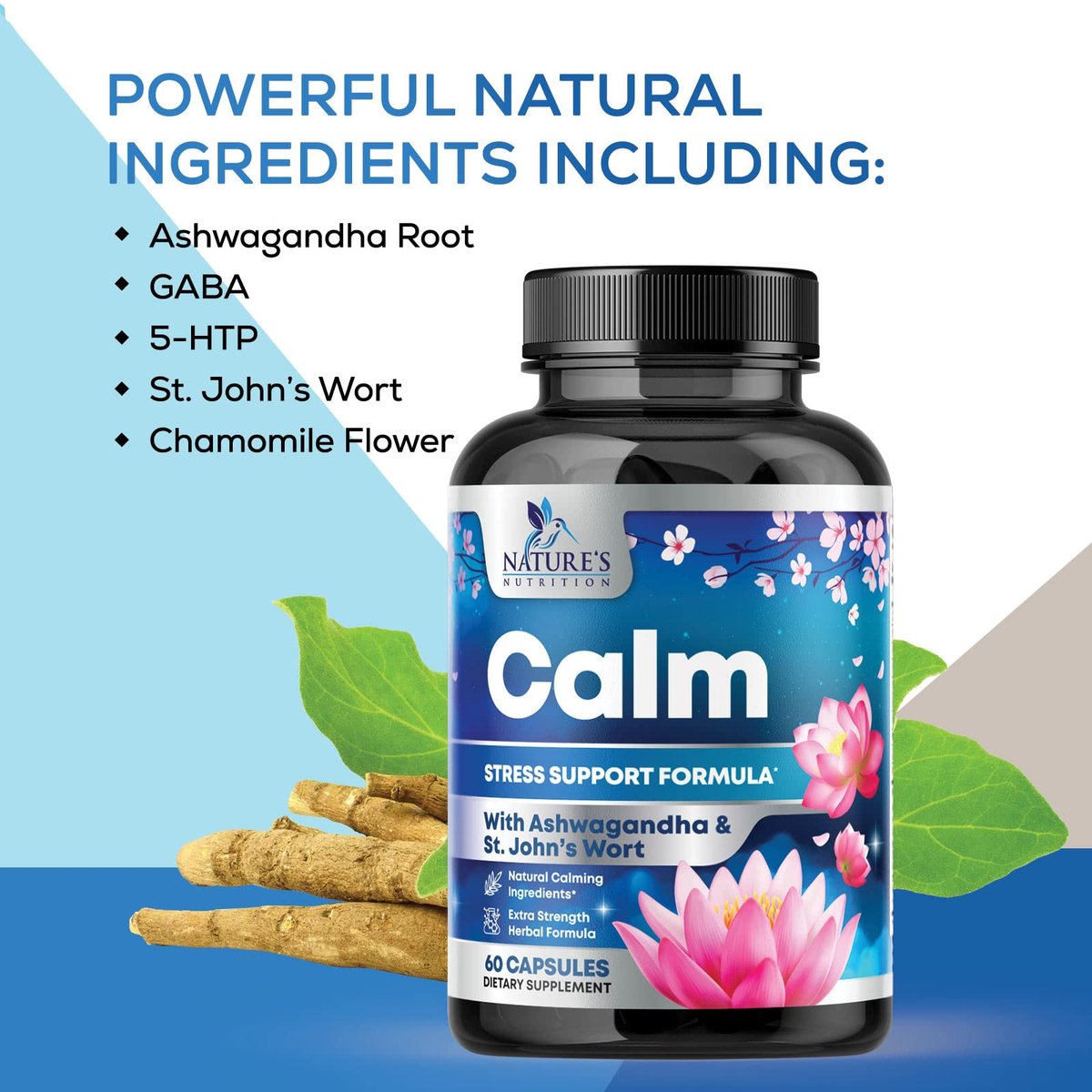 Stress Support Supplement - Extra starke Ashwagandha, GABA, Magnesium, L-Theanin für Entspannung - Unterstützt Stimmung & Fokus - Natürlich ruhig, entspannen & relaxen - Lindert Anspannung & Nervosität - 60 Kapseln