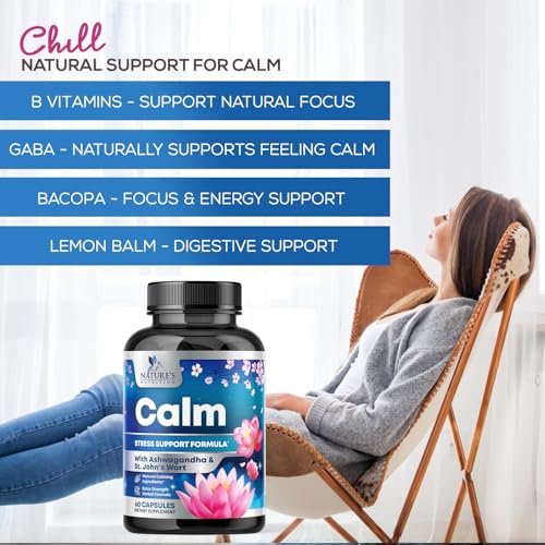 Stress Support Supplement - Extra starke Ashwagandha, GABA, Magnesium, L-Theanin für Entspannung - Unterstützt Stimmung & Fokus - Natürlich ruhig, entspannen & relaxen - Lindert Anspannung & Nervosität - 60 Kapseln