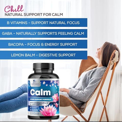 Stress Support Supplement - Extra starke Ashwagandha, GABA, Magnesium, L-Theanin für Entspannung - Unterstützt Stimmung & Fokus - Natürlich ruhig, entspannen & relaxen - Lindert Anspannung & Nervosität - 60 Kapseln