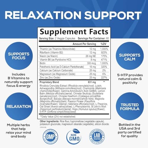 Stress Support Supplement - Extra starke Ashwagandha, GABA, Magnesium, L-Theanin für Entspannung - Unterstützt Stimmung & Fokus - Natürlich ruhig, entspannen & relaxen - Lindert Anspannung & Nervosität - 60 Kapseln