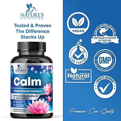 Stress Support Supplement - Extra starke Ashwagandha, GABA, Magnesium, L-Theanin für Entspannung - Unterstützt Stimmung & Fokus - Natürlich ruhig, entspannen & relaxen - Lindert Anspannung & Nervosität - 60 Kapseln