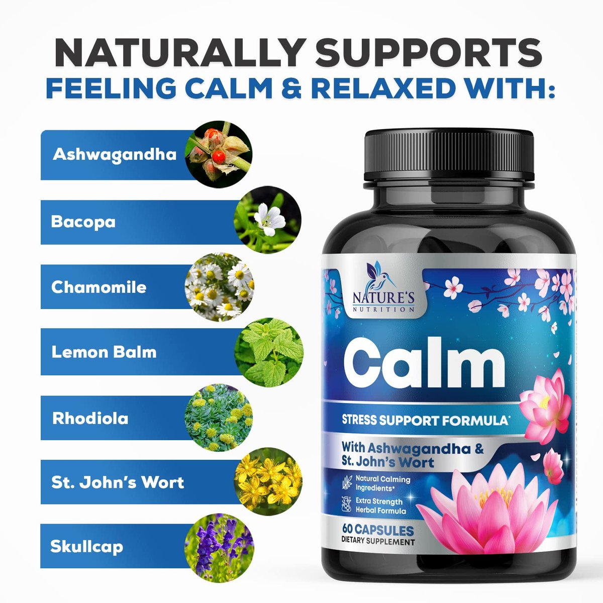 Stress Support Supplement - Extra starke Ashwagandha, GABA, Magnesium, L-Theanin für Entspannung - Unterstützt Stimmung & Fokus - Natürlich ruhig, entspannen & relaxen - Lindert Anspannung & Nervosität - 60 Kapseln