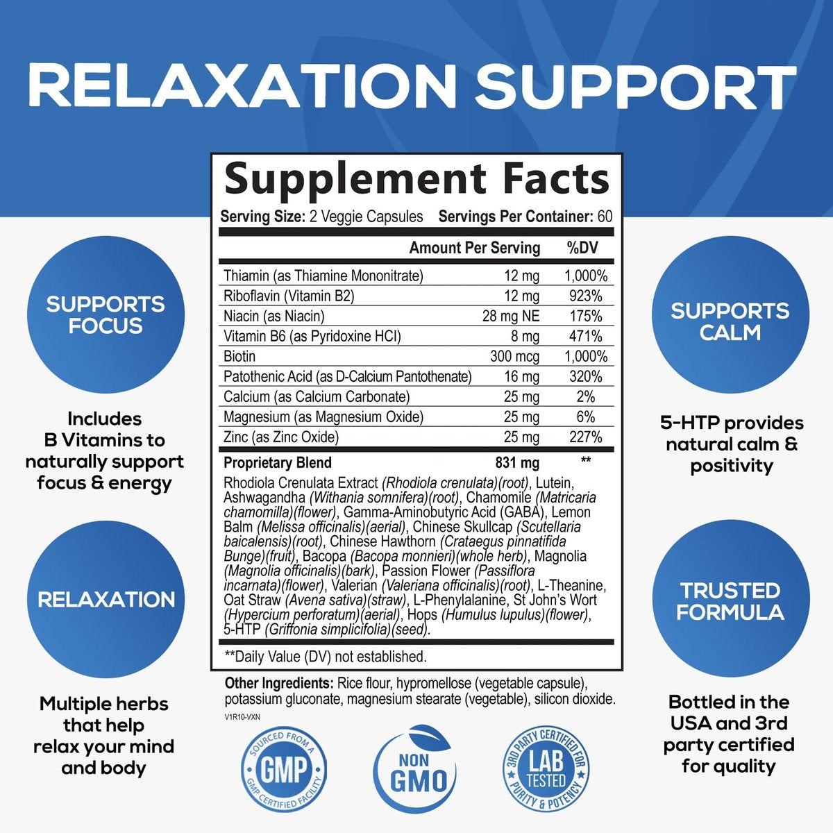 Stress Support Supplement - Extra starke Ashwagandha, GABA, Magnesium, L-Theanin für Entspannung - Unterstützt Stimmung & Fokus - Natürlich ruhig, entspannen & relaxen - Lindert Anspannung & Nervosität - 60 Kapseln