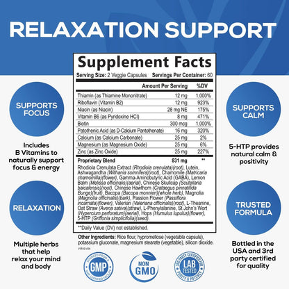 Stress Support Supplement - Extra starke Ashwagandha, GABA, Magnesium, L-Theanin für Entspannung - Unterstützt Stimmung & Fokus - Natürlich ruhig, entspannen & relaxen - Lindert Anspannung & Nervosität - 60 Kapseln