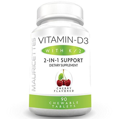 Mauricettes Kautabletten Vitamin D3 mit K2 – 2-in-1 Knochen- & Herzgesundheit – Immunbooster – Natürlicher Kirschgeschmack – 90 Tabletten für Erwachsene & Kinder